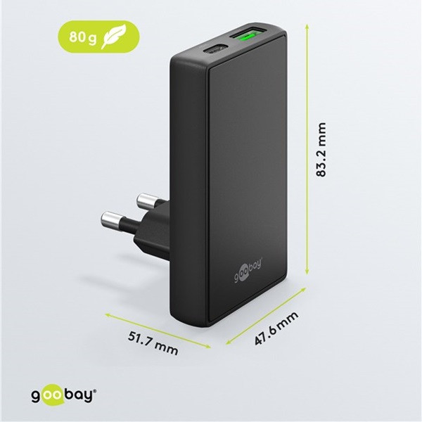 Goobay USB C snellader | Goobay | 2 poorten (1x USB C, 1x USB A, 45 W, GaN, Power Delivery, Hoekstekker, Zwart) 75719 K070501345 - 3