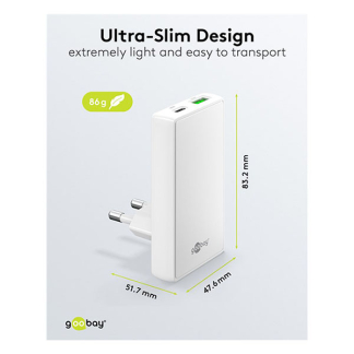 Goobay USB C snellader | Goobay | 2 poorten (1x USB C, 1x USB A, 65 W, GaN, Power Delivery, Hoekstekker, Wit) 75724 K070501348 - 3