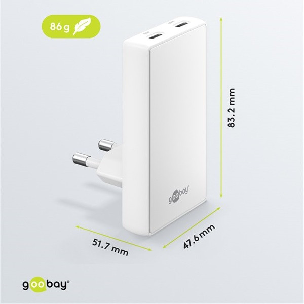 Goobay USB C snellader | Goobay | 2 poorten (2x USB C, 65 W, GaN, Power Delivery, Hoekstekker, Wit) 75726 K070501352 - 3