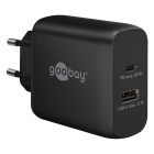 USB C snellader | Goobay (65W, 1x USB C, 1x USB A, GaN, Power Delivery, Zwart)