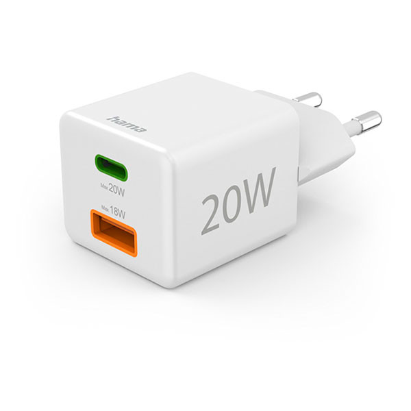 Hama USB C snellader | Hama | 2 poorten (1x USB C, 1x USB A, 20W, Wit) 201991 K070501287 - 1