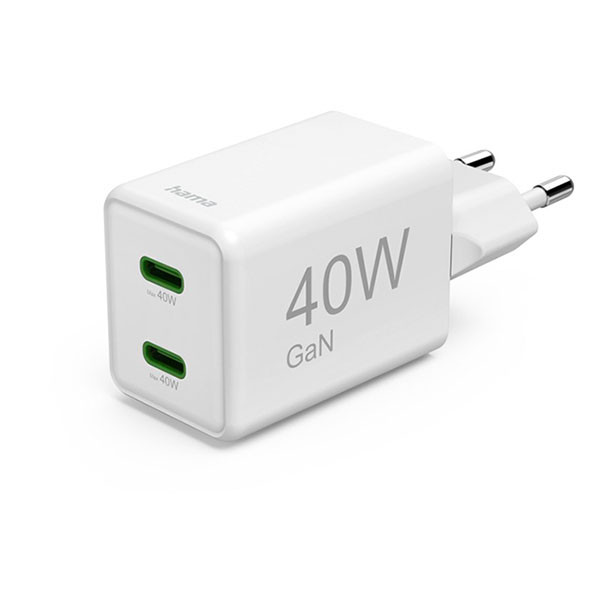 Hama USB C snellader | Hama | 2 poorten (2x USB C, GaN, 40W, Wit) 201989 K070501290 - 1