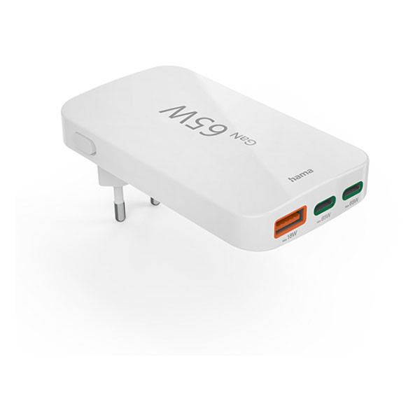 Hama USB C snellader | Hama | 3 poorten (2x USB C, 1x USB A, GaN, 65W, Zwart) 201976 K070501278 - 2