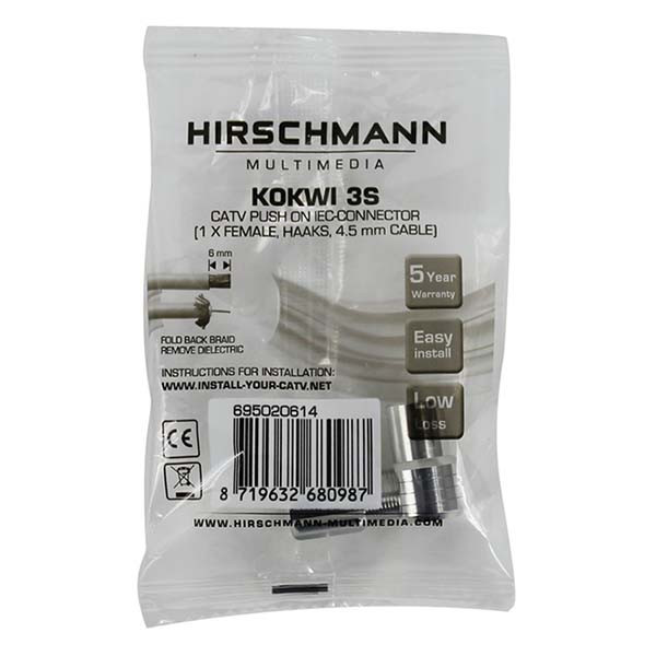 Hirschmann Coax connector - Hirschmann KOKWI 3S (Push On, Haaks, Vrouwelijk) 3920000614 K060302240 - 2