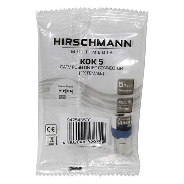 Hirschmann KabelKeur Coax connector - Hirschmann KOK5 (Push On, Vrouwelijk) 947546500 C060302083 - 2