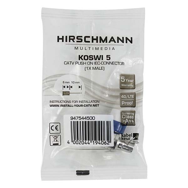 Hirschmann KabelKeur Coax connector - Hirschmann KOSWI5 (Push On, Haaks, Mannelijk) 947544500 KOSWI5 C060302085 - 2