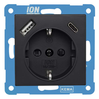 ION Industries Stopcontact met USB | ION Industries | V1/J1 (Inbouw, Randaarde, USB A, USB C, Aanraakbeveiliging, Mat zwart) 66.007.46 K180107685 - 1