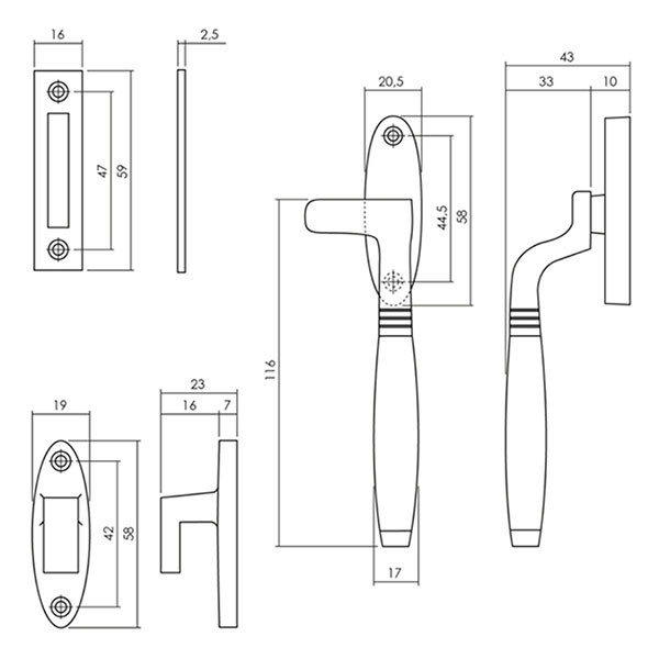 Intersteel Raamsluiting | Intersteel | Ton (Links draaiend, Sluitkom, Ebbenhout, Mat nikkel) 0019.561460B K010809927 - 2