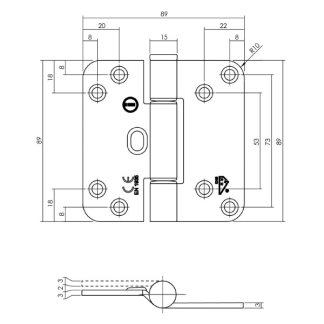 Intersteel Scharnier | Intersteel | 89 x 89 mm (Glijlager, DIN links/rechts, Geborsteld RVS) 0035.462566 K010808131 - 