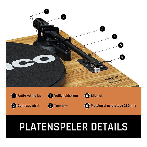 Lenco Platenspeler | Lenco | LS-500 | 40W (Bluetooth, 2 externe speakers, 33/45 rpm, Riemaandrijving, Hout) LS-500OK K105005293 - 6