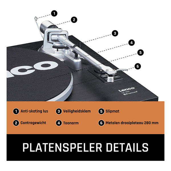 Lenco Platenspeler | Lenco | LS-500 | 40W (Bluetooth, 2 externe speakers, 33/45 rpm, Riemaandrijving, Zwart) LS-500BK K105005292 - 3