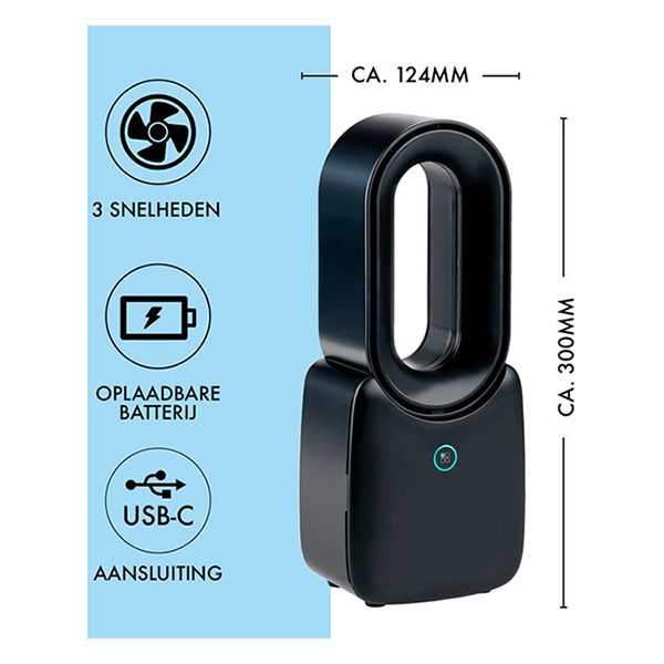 Lifetime Air Bladloze ventilator | Lifetime Air | 12.4 x 9 x 30 cm (Oplaadbaar, 3 snelheden, LED mood light, 55 dB, 5W, ABS, zwart) 871125233464 K170104178 - 2