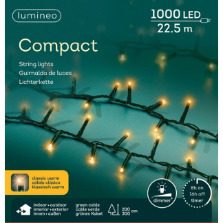 Lumineo Compact kerstverlichting | 27.5 meter | Lumineo (1000 LEDs, Binnen/Buiten, Extra warm wit, Timer, Dimmer) 495373 K151000374 - 
