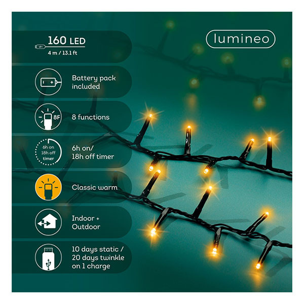 Lumineo Compact kerstverlichting | Lumineo | Duracharge | 4 meter (160 leds, Lichtfuncties, Timer, Oplaadbaar, Binnen/Buiten, Extra warm wit) 496356 K151001836 - 3
