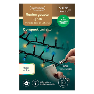 Lumineo Compact kerstverlichting op batterijen | 4.3 meter | Lumineo | Duracharge (160 leds, Oplaadbaar, Timer, Binnen/Buiten, Gekleurd) 496357 K151200155 - 2