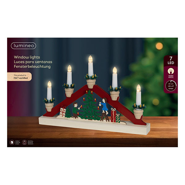 Lumineo Kaarsenbrug | Lumineo | 38 x 24 cm (5 leds, Kerstboom, Hout, Rood) 485743 K151001776 - 3