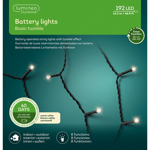 Lumineo Kerstverlichting op batterijen | 15 meter | Lumineo (192 leds, Timer, 8 lichtfuncties, Binnen/Buiten, Warm wit) 497161 K151000528 - 5