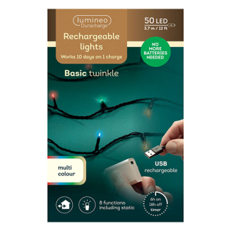 Lumineo Kerstverlichting op batterijen | 4 meter | Lumineo | Duracharge (50 leds, Oplaadbaar, Timer, Binnen/Buiten, Gekleurd) 490280 K151200149 - 2