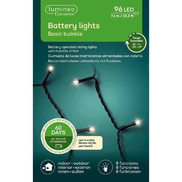 Lumineo Kerstverlichting op batterijen | 7.6 meter | Lumineo (96 leds, Timer, 8 lichtfuncties, Binnen/Buiten, Warm wit) 497141 K151000533 - 7