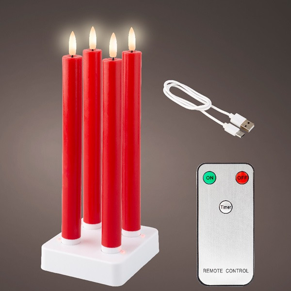 Lumineo Led dinerkaars | Lumineo | 4 stuks (Bewegende vlam, Oplaadbaar, Timer, Wax, Rood) 487486 K150303170 - 1