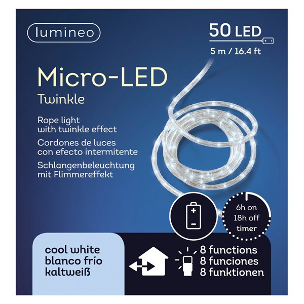 Lumineo Lichtslang op batterijen | 7 meter | Lumineo (50 leds, 8 lichtstanden, Binnen/Buiten, Koud wit) 492835 K151000007 - 5