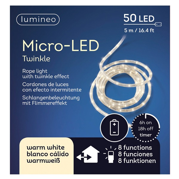 Lumineo Lichtslang op batterijen | 7 meter | Lumineo (50 leds, 8 lichtstanden, Timer, Binnen/Buiten, Warm wit) 492836 K151000008 - 6