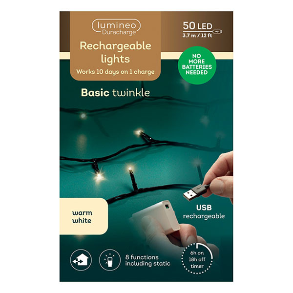 Lumineo Oplaadbare kerstverlichting | 4 meter | Lumineo | Duracharge (50 leds, USB, Timer, Binnen/Buiten, Warm wit) 490278 K151200148 - 6