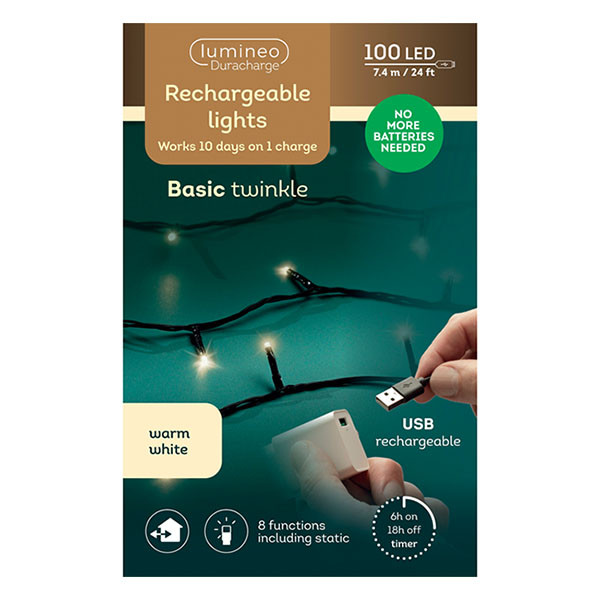 Lumineo Oplaadbare kerstverlichting | 7.7 meter | Lumineo | Duracharge (100 leds, USB, Timer, Binnen/Buiten, Warm wit) 490282 K151200150 - 6