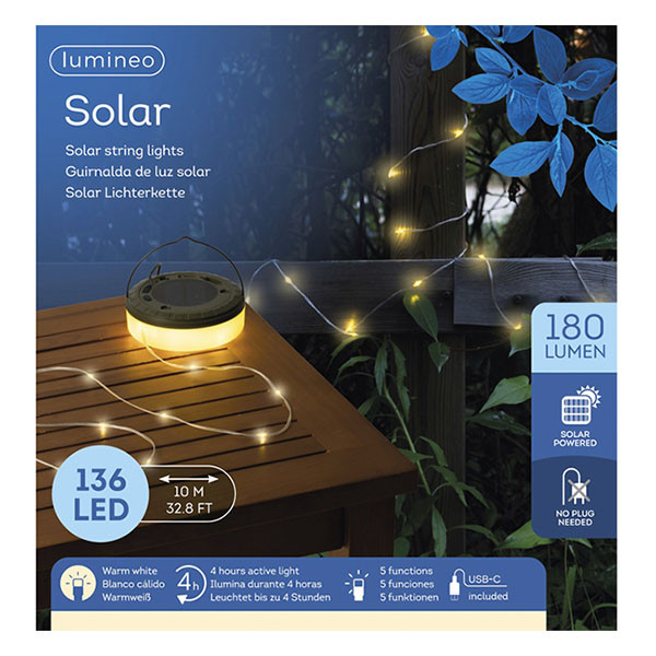 Lumineo Oprolbaar lichtsnoer | Lumineo | 10 meter (Solar, Oplaadbaar, 5 lichtstanden, 180 lm, Warm wit, USB C) 890510 K170105775 - 3