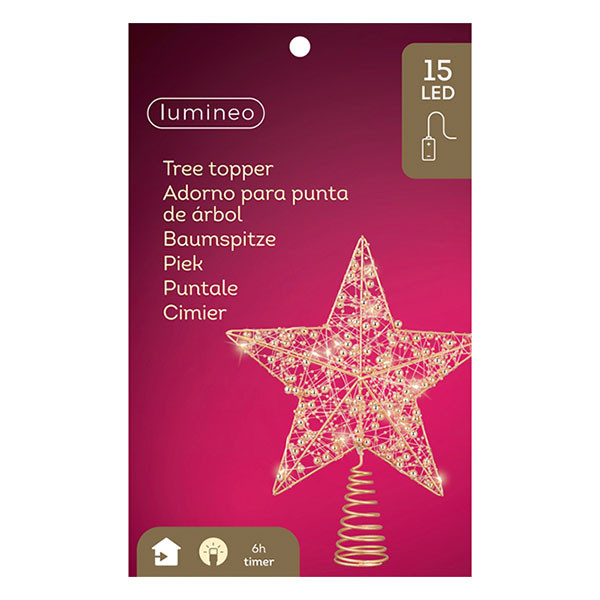 Lumineo Piek met verlichting | Lumineo | 27 cm (15 leds, Warm wit, Batterijen, Timer, Goud, Kunststof, Binnen) 486918 K151200175 - 6