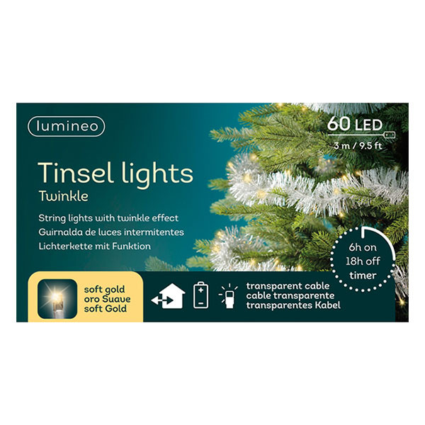 Lumineo Slinger kerstboom | Lumineo | 2.95 meter (60 leds, Lichtfuncties, Timer, Batterijen, Binnen/Buiten, Zilver) 494570 K151001819 - 5