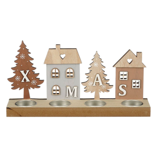 Mica Decorations Waxinelichthouder kerst | 30 x 15 cm (Hout, Huisjes) 1203867 K151002049