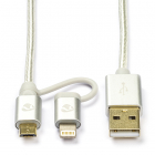 Nedis Apple Lightning en Micro USB 2.0 | 2 in 1 kabel | 1 meter (Nylon, Zilver) CCTB39400AL10 K010214035 Nedis Apple Lightning en Micro USB 2.0 | 2 in 1 kabel | 1 meter (Nylon, Zilver) CCTB39400AL10 K010214035