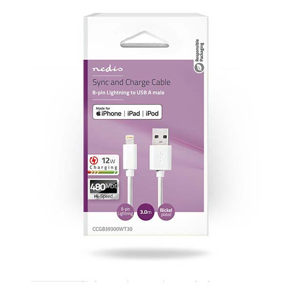 Nedis Apple Lightning kabel | 3 meter (Wit) CCGB39300WT30 CCGL39300WT30 CCGP39300WT30 N010901140 - 3