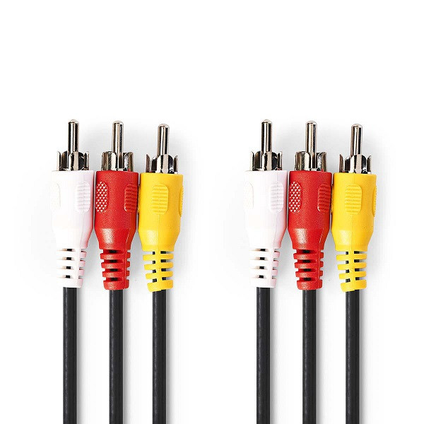 Composiet audio-video-kabel | 10 m | 3x cinch-stekker op 3x tulpstekker | drievoudige aansluitstekker rood wit geel | stereo verbindingskabel gekleurde chinch RCA | zwart | 10,0 meter