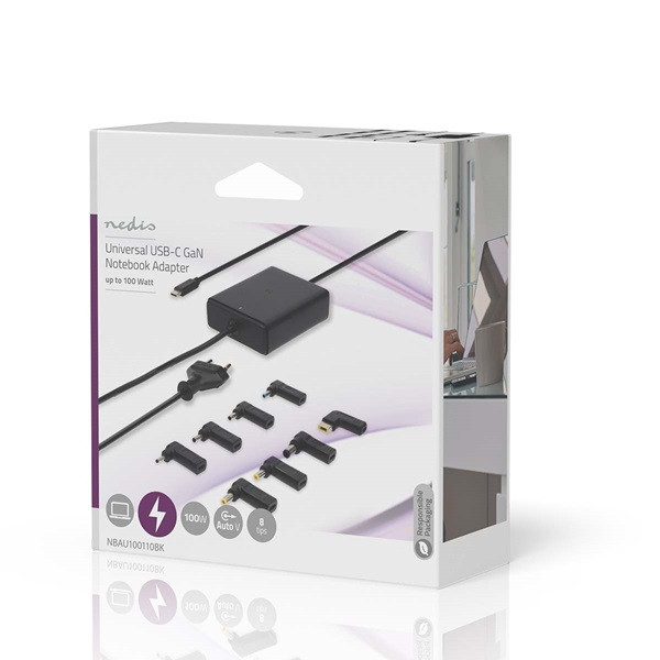 Nedis Laptop adapter | Nedis | 100W (Eurostekker, USB C met 8 extra power tips, GaN, Power Delivery) NBAU100110BK K020610053 - 3