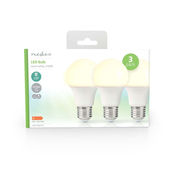 Nedis Led lamp E27 | Peer | Nedis | 3 stuks (4.9W, 470lm, 2700K) LBE27A601P3 K170203719 - 3