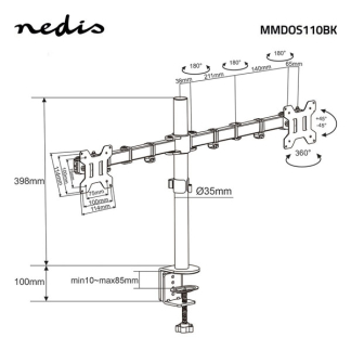 Nedis Monitorbeugel | Nedis | 15 tot 32 inch (Ergonomisch, Draai, zwenk en kantelbaar, 2 schermen, Max. 8 kg) MMDOS110BK K101501109 - 6