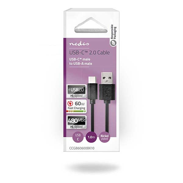 Nedis Motorola oplaadkabel | USB A ↔ USB C | 1 meter (USB 2.0, 60W, 480 Mbps, Vertind koper, Zwart) CCGB60600BK10 D010214015 - 4