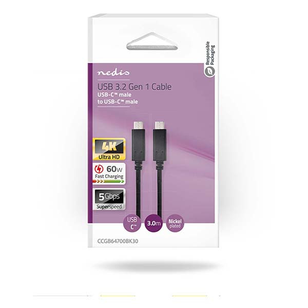 Nedis OnePlus oplaadkabel | USB C ↔ USB C | 3 meter (USB 3.0, 60W, 5 Gbps, Vertind koper) CCGB64700BK30 F010214008 - 4