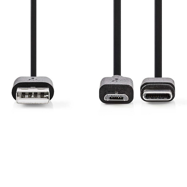 Nedis Oppo oplaadkabel | USB A ↔ Micro USB + USB C | 1 meter (USB 2.0, 480 Mbps, Zwart) CCGL60610BK10 CCGP60610BK10 O010214023 - 1