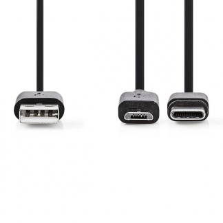 Nedis Oppo oplaadkabel | USB A ↔ Micro USB + USB C | 1 meter (USB 2.0, 480 Mbps, Zwart) CCGL60610BK10 CCGP60610BK10 O010214023 - 1