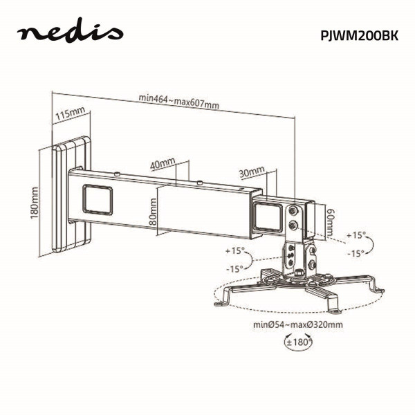 Nedis Projector beugel | Nedis | Plafond (Draai- en kantelbaar, 15 kg) PJWM200BK K101501146 - 5