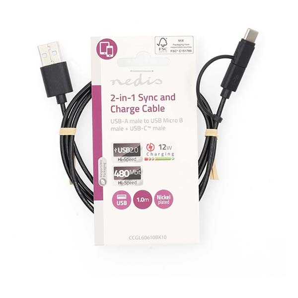 Nedis Samsung oplaadkabel | USB A ↔ Micro USB + USB C | 1 meter (USB 2.0, 480 Mbps, Zwart) CCGL60610BK10 CCGP60610BK10 B010214023 - 4