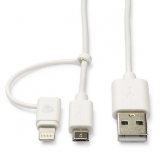Nedis USB A ↔  Micro USB + Lightning oplaadkabel | 1 meter (USB 2.0, 480 Mbps, Wit) CCGP39400WT10 N010901154 - 1