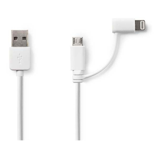 Nedis USB A ↔  Micro USB + Lightning oplaadkabel | 1 meter (USB 2.0, 480 Mbps, Wit) CCGP39400WT10 N010901154 - 2