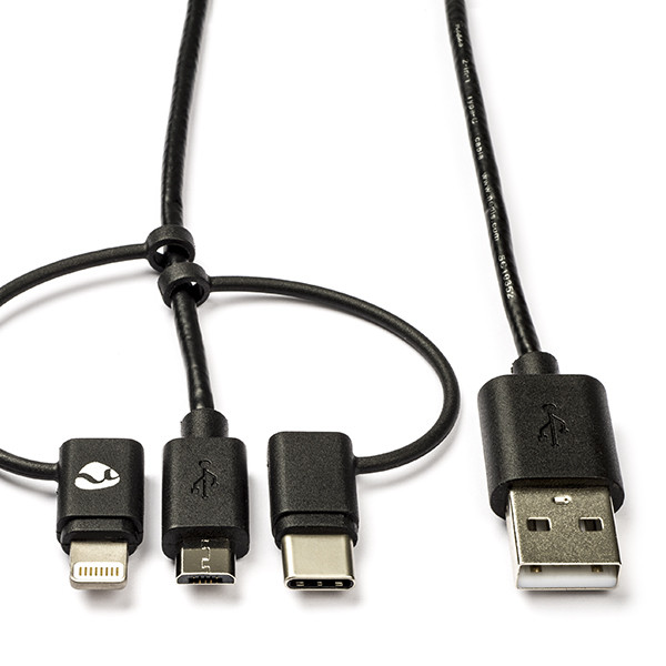 Nedis USB A ↔ USB C + Micro USB + Lightning oplaadkabel | 1 meter (USB 2.0, 100W, 480 Mbps) CCGL60620BK10 CCGP60620BK10 N010214022 - 1