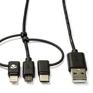 Nedis USB A ↔ USB C + Micro USB + Lightning oplaadkabel | 1 meter (USB 2.0, 100W, 480 Mbps) CCGL60620BK10 CCGP60620BK10 N010214022 - 1