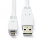USB A naar Micro USB kabel | 1 meter | USB 2.0 (100% koper, Plat, Wit)