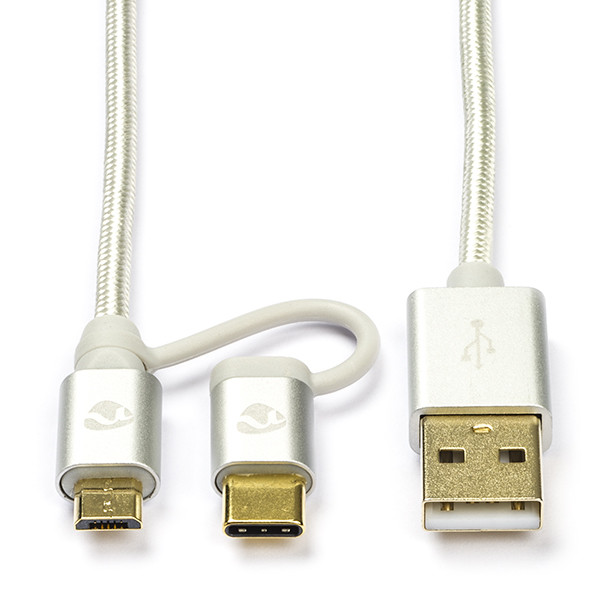 Usb A Naar Usb C En Micro Usb Kabel 1 Meter Usb 2 0 Nylon Zilver